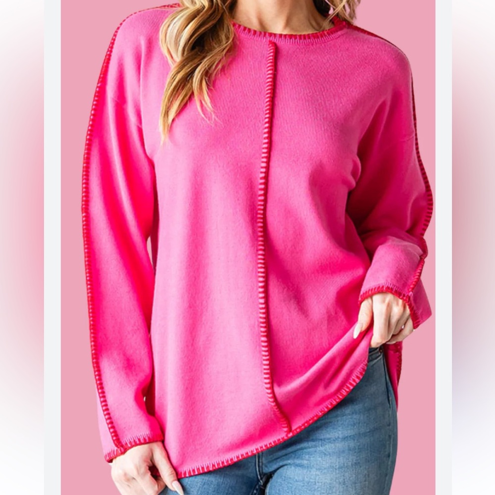 First Love Bright Pink Contrast Stitch Long Sleeve Sweater Size 3X